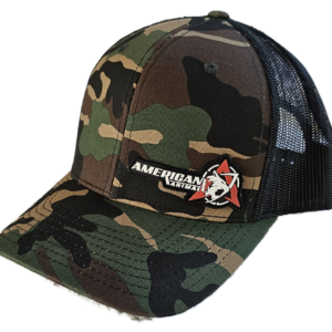 Offset side view of the American Animal Best Hat You Will Ever Own in Camo with PVC logo patch at bottom left of front panel