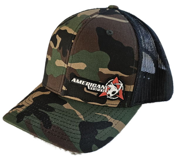 Offset side view of the American Animal Best Hat You Will Ever Own in Camo with PVC logo patch at bottom left of front panel