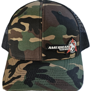 Front view of the American Animal Best Hat You Will Ever Own in Camo with PVC logo patch at bottom left of front panel