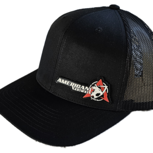 Offset side view of the American Animal Best Hat You Will Ever Own in Black with PVC logo patch at bottom left of front panel