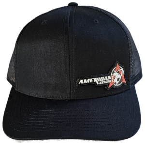 Front view of the American Animal Best Hat You Will Ever Own in black with PVC logo patch at bottom left of front panel