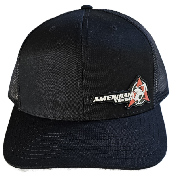 Front view of the American Animal Best Hat You Will Ever Own in black with PVC logo patch at bottom left of front panel