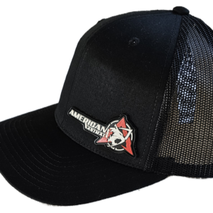 Side view of the American Animal Best Hat You Will Ever Own in Black with PVC logo patch at bottom left of front panel