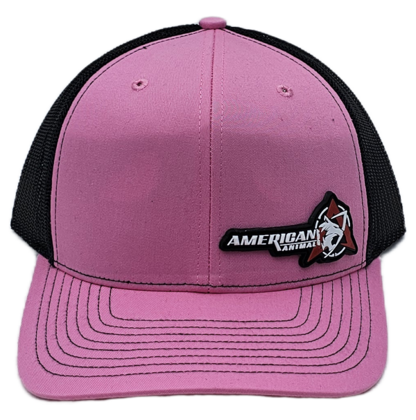 The Best Hat You Will Ever Own pink and black American Animal Arms trucker hat with PVC patch mounted on the lower left hand side of the hat.