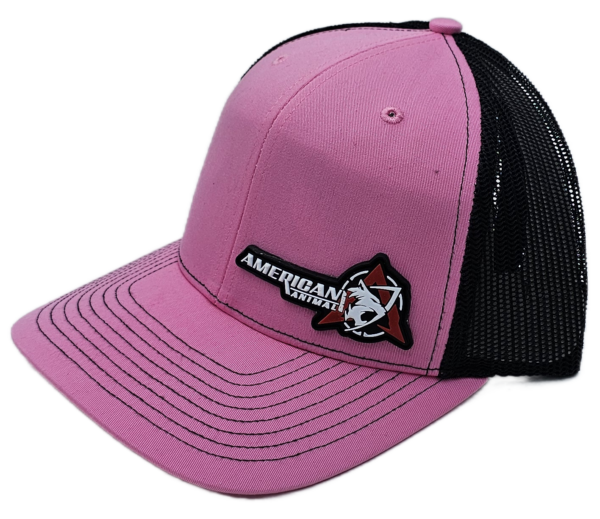 Side view of the Best Hat You Will Ever Own pink and black American Animal Arms trucker hat with PVC patch mounted on the lower left hand side of the hat.