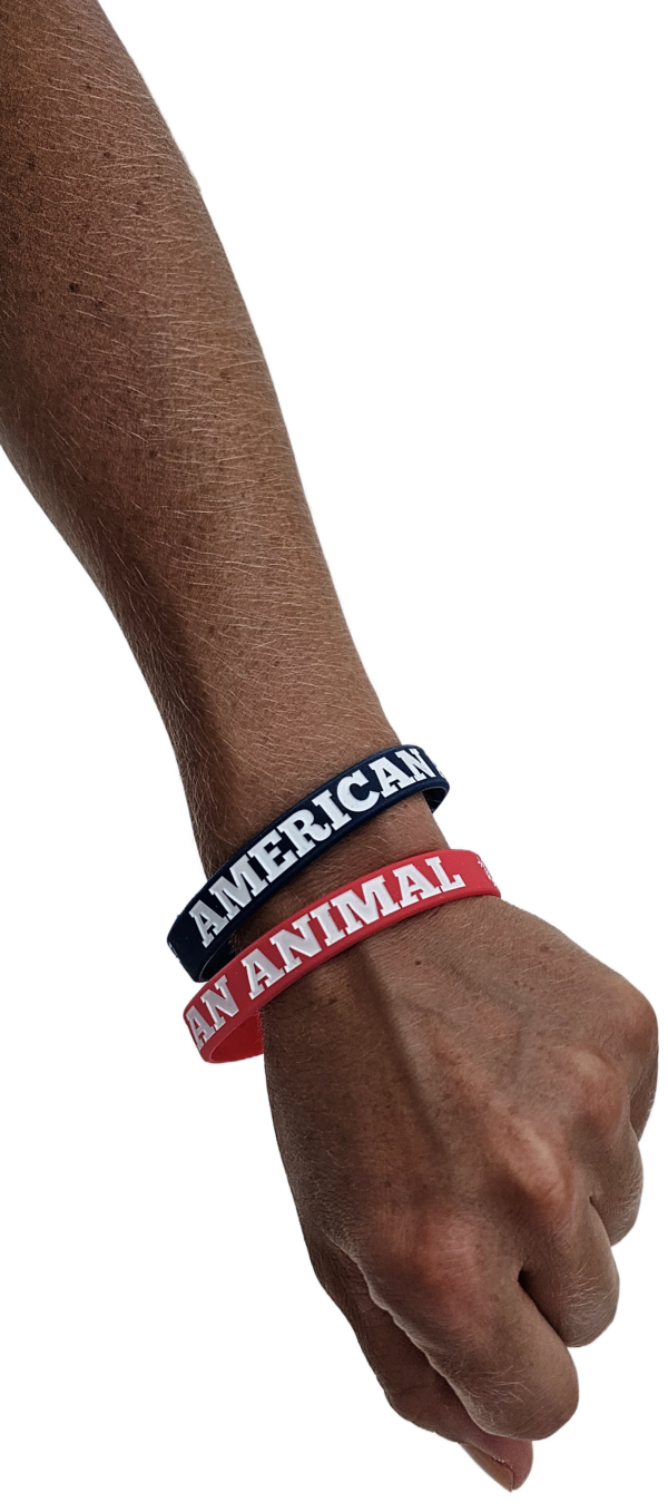 Left arm of hand model with red and black American Animal rubber bracelet bands