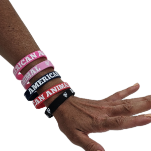 Left arm of hand model with red, black, navy, pink, and hot pink American Animal rubber bracelet bands on her arm