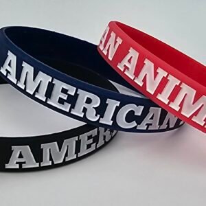 American Animal rubber wrist bands in black, blue, and red