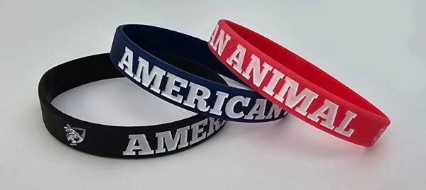 American Animal rubber wrist bands in black, blue, and red